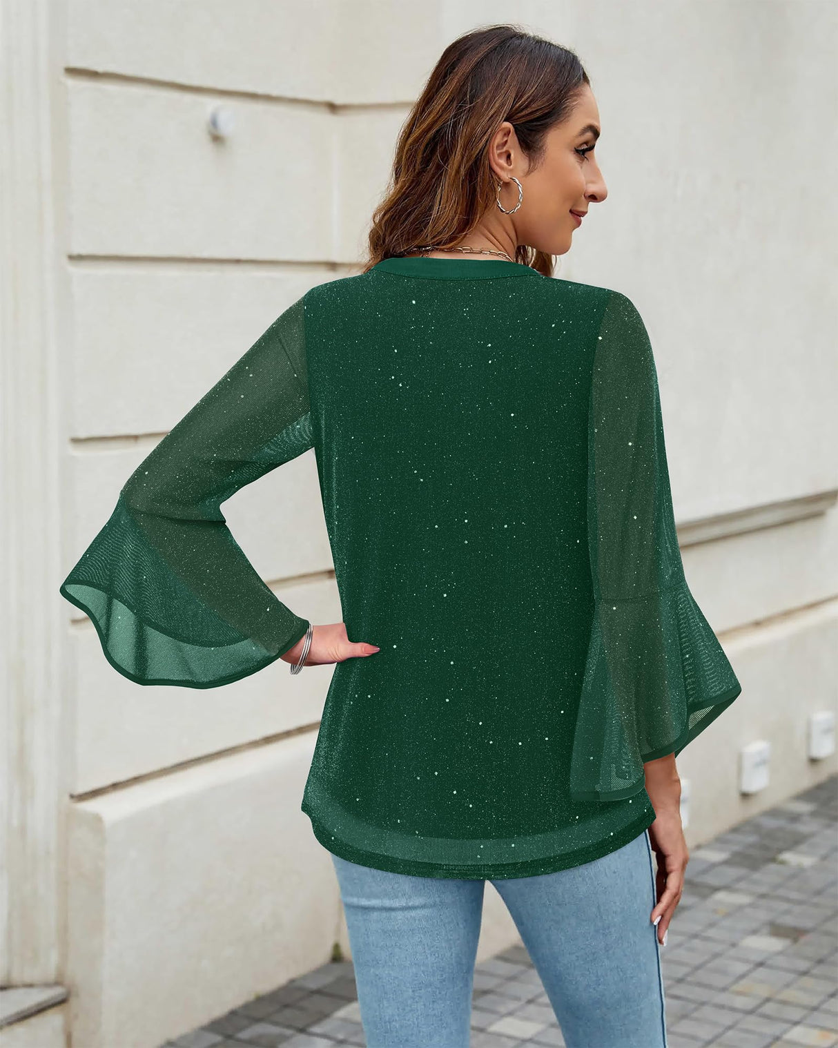 VALOLIA Sparkly Tops for Women: 3/4 Sleeve - Christmas Tops for Women 2024 - Womens Blouse for Wedding Guest Holiday Party Shirts Loose Fit Womens Green Sparkle Blouse V-Neck Sequin Tunic XXXL