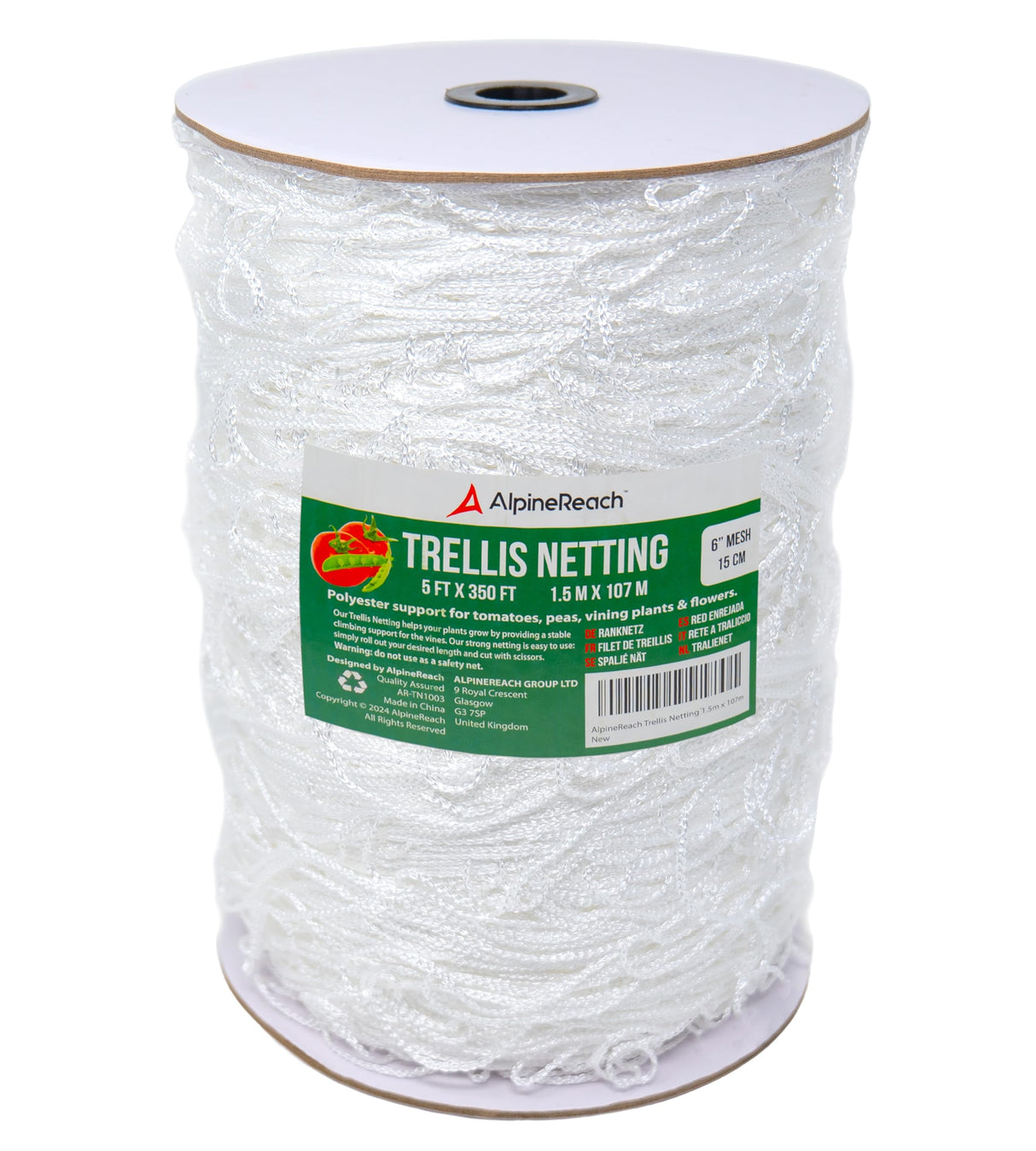 AlpineReach Trellis Netting 5 x 350 ft Heavy Duty Polyester White - 6 Inch Mesh Support Twine for Growing High Yield Tomatoes, Peas, Vine Climbing Plants Fruits Vegetables