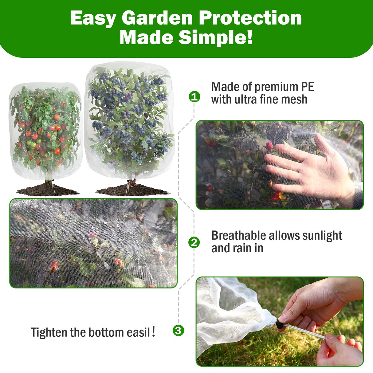2 PCS Large Fruits Tree Netting Cover for Garden, 6.6 x 8.2 ft Insect Bird Barrier Deer Netting Cover Bag with Drawstring Garden Plant Netting for Tomato Blueberry Bush Netting Covers