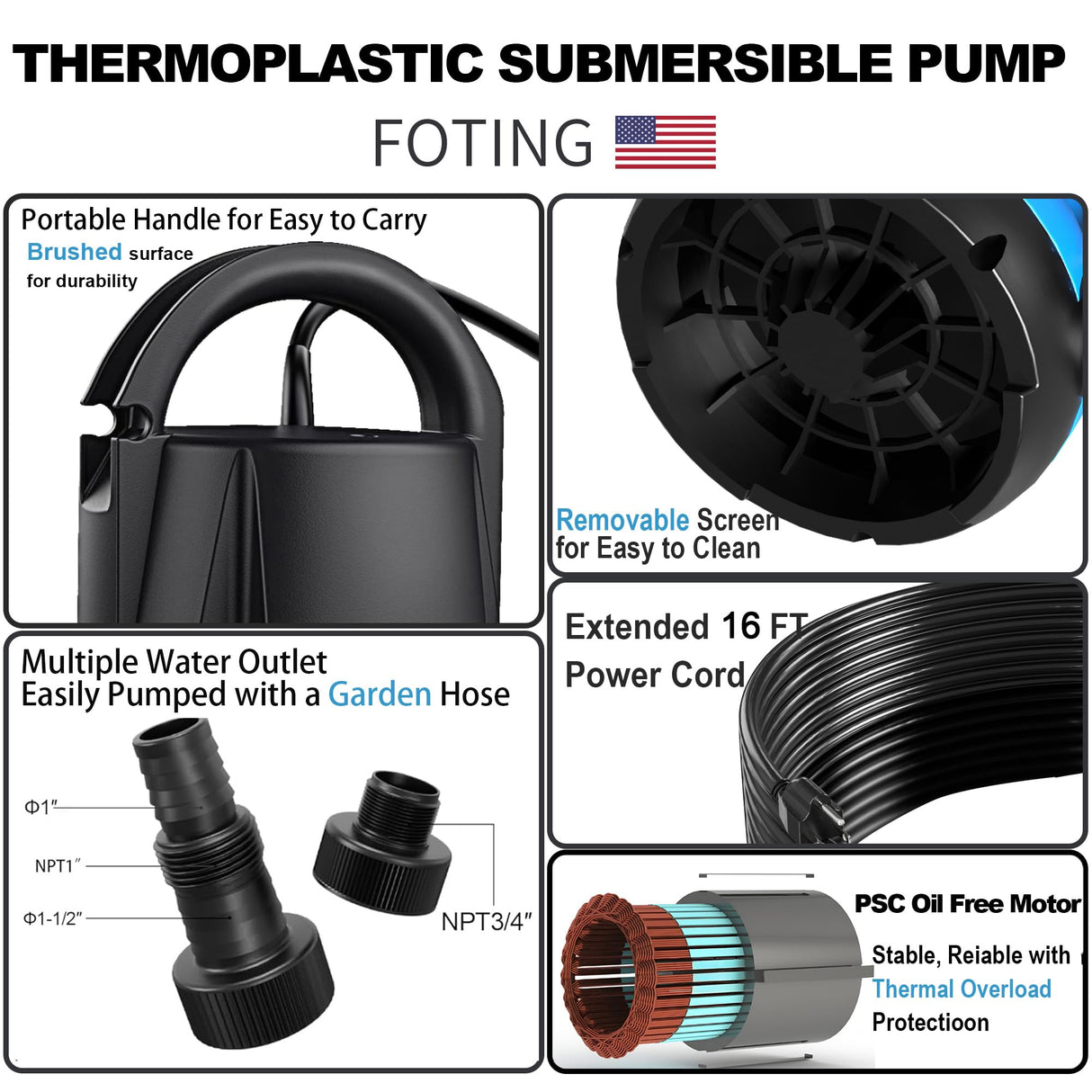 FOTING Sump Pump 1HP Clean/Dirty Submersible Water Pump,4600GPH Utility Pump Thermoplastic Electric Portable Transfer Water Pump for Swimming Pool Pond Basement with 10ft Power Cord,Auto