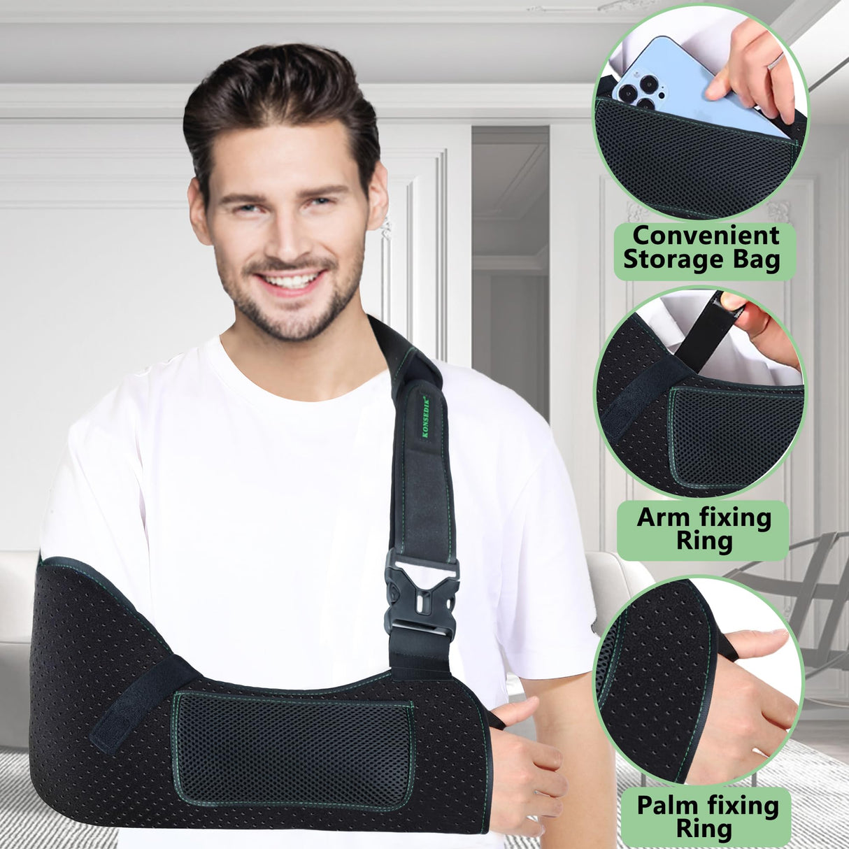 KONSEDIK Arm Shoulder Sling for Men and Women,Porous comfort Medical Sling with Pocket Shoulder Pad for Rotator Cuff Injury,Support for Arm,Wrist, Elbow,Clavicle Fracture Post-Surgery(Black,Medium)