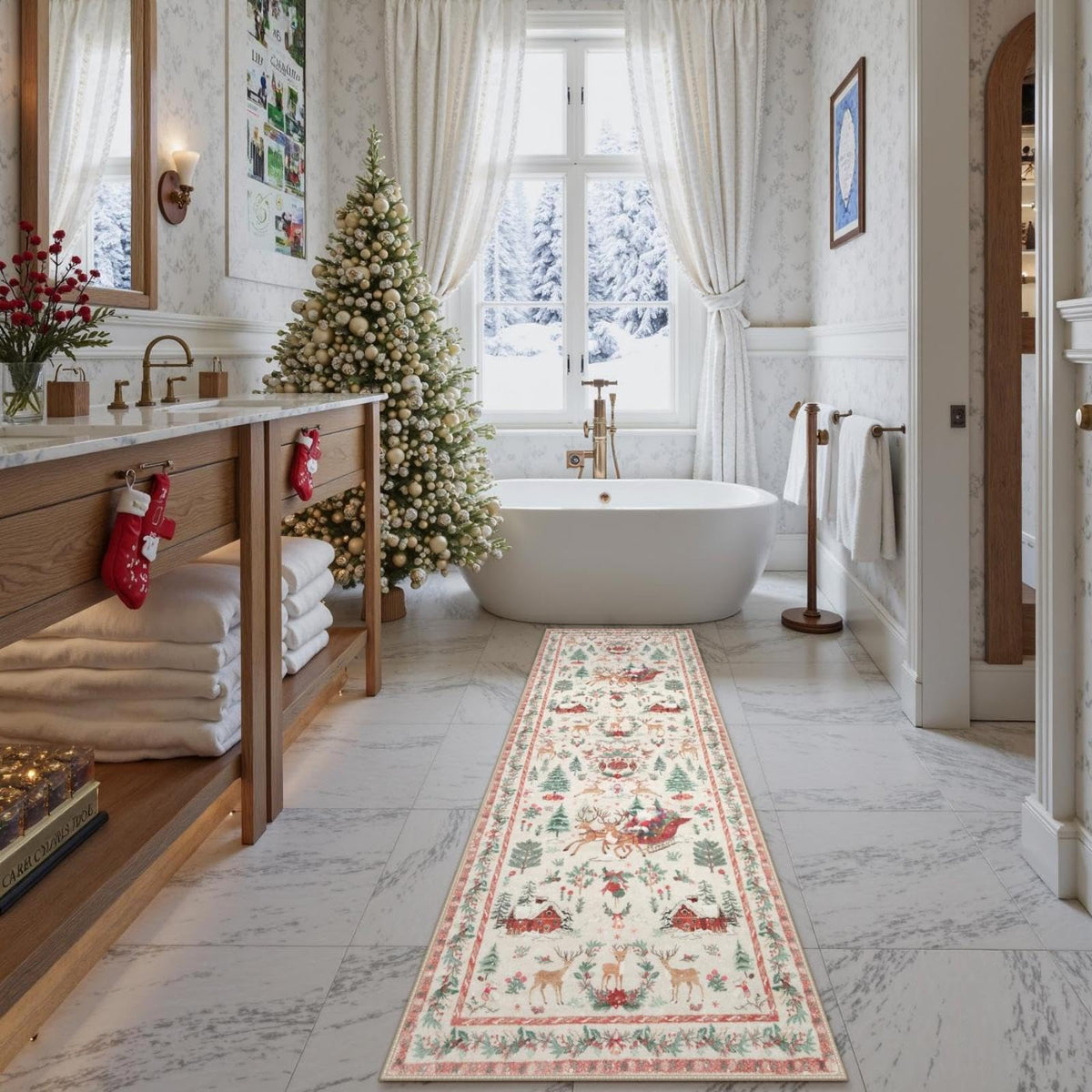 Lahome Christmas Runner Rug 2x8 Beige Rug Runners for Hallways Non Slip,Washable Kitchen Bathroom Runner Rug,Soft Christmas Tree Santa Claus Carpet Runner for Entryway Holiday Decor(2'x8',Beige)