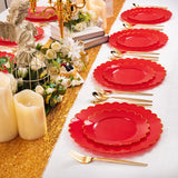 LIYH 60 Pcs Red Scalloped Plastic Christmas Plates with Gold Edge - Red Disposable Plates with Gold Rim Includes 30 Dessert & 30 Dinner Plate Dishes Tableware for Party Christmas Day