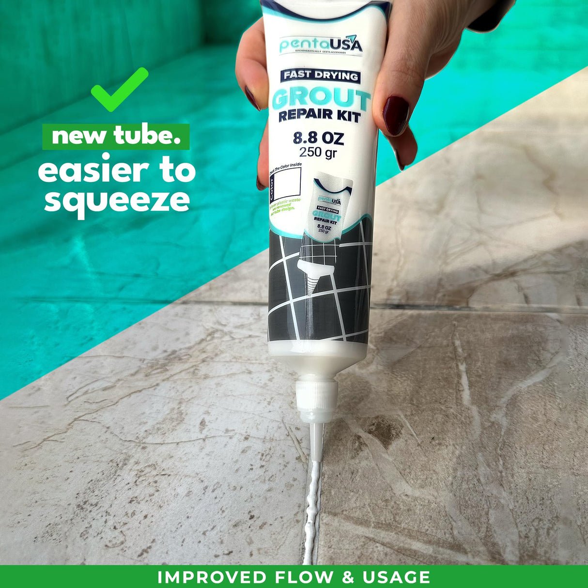 PentaUSA Tile Grout Repair Kit - White Premixed Acrylic Sanded Grout Filler for Bathroom, Shower, and Kitchen, Water-Resistant Tube with Applicator, Fills Cracks and Gaps, Fast Drying (8.8oz / 250g)