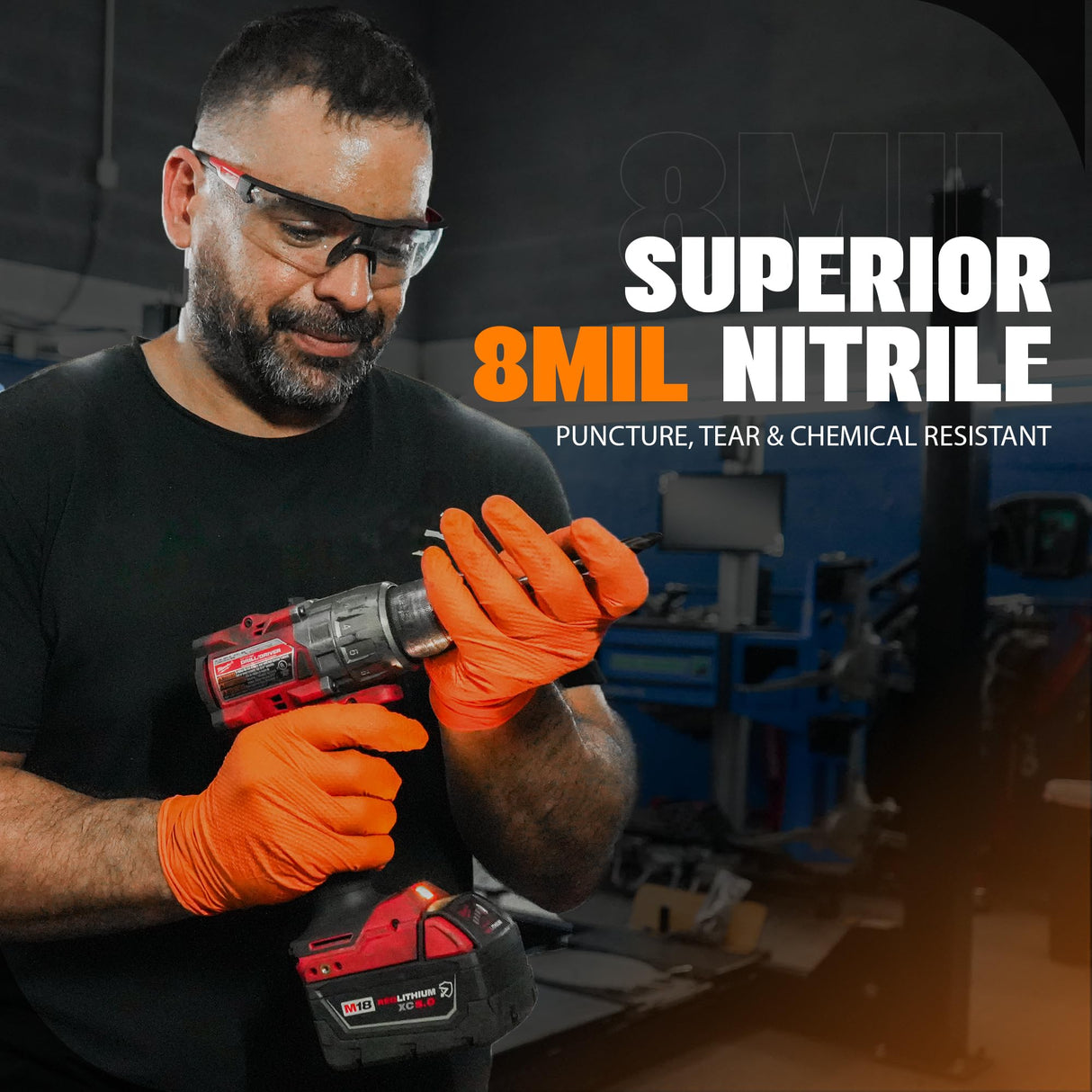 GRIPXX Herkules Grip Heavy Duty 8Mil Orange Nitrile Gloves,3D Raised Diamond Texture-Latex & Powder Free-Industrial, Mechanic (1, Large)