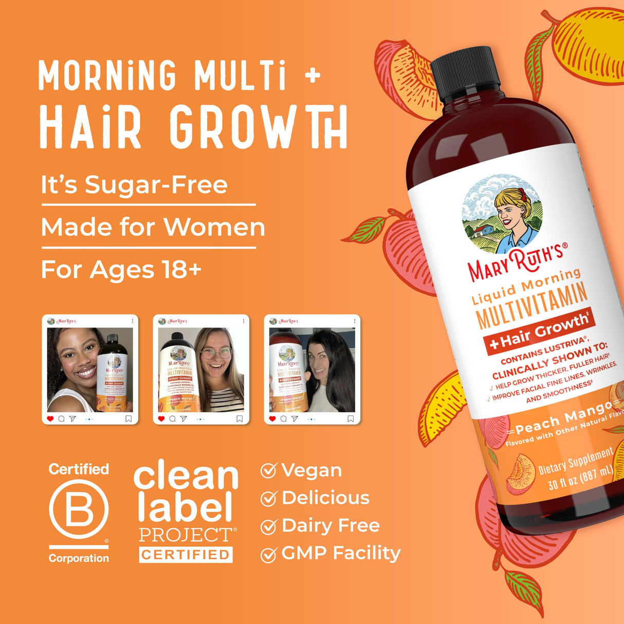 MaryRuth's Liquid Multivitamin + Hair Growth | Clinically Tested for Thicker Hair & Facial Wrinkles in Women | Biotin 10000mcg | Lustriva Hair Growth Supplements | Skin Care | Ages 18+ | 30 Fl Oz