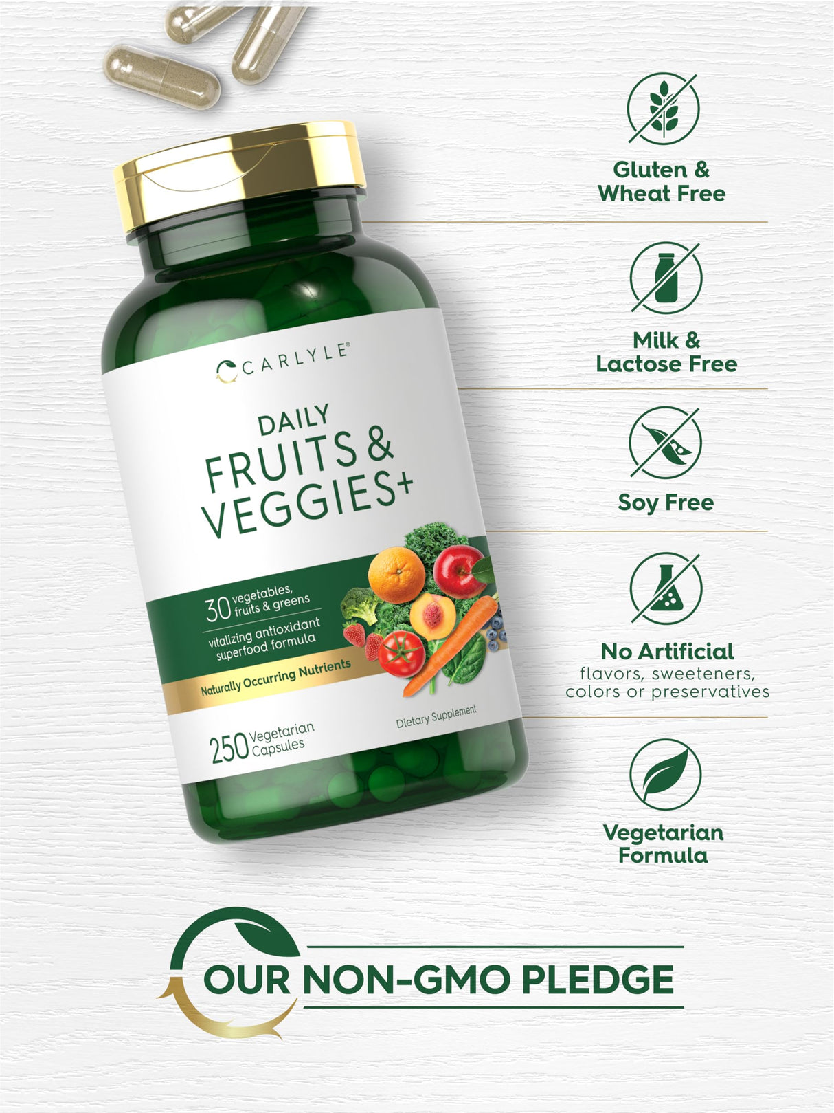 Carlyle Fruits and Veggies Supplement | 250 Capsules | Made with 30 Fruits and Vegetables | Vegetarian, Non-GMO, Gluten Free Superfood Formula