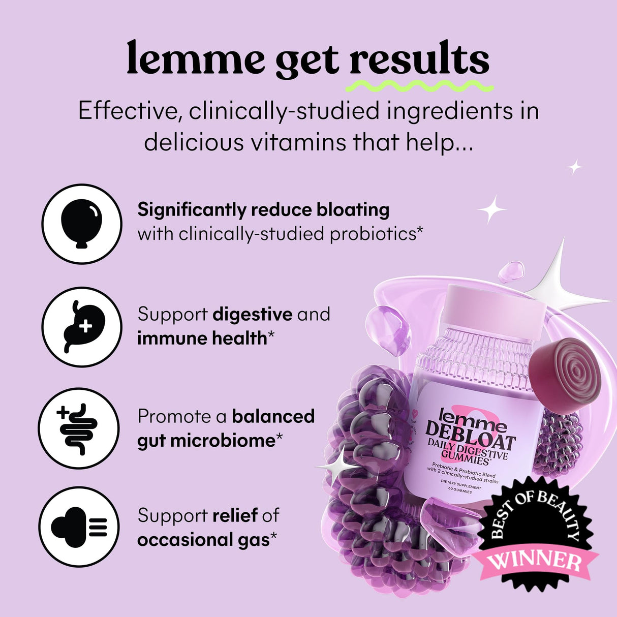 Lemme Debloat - Digestive & Gut Health Gummies with 2 Clinically Studied Probiotics & Prebiotic, Vegetarian, Gluten Free, Non GMO, BlackBerry Flavor (60 Count) (Pack of 2)