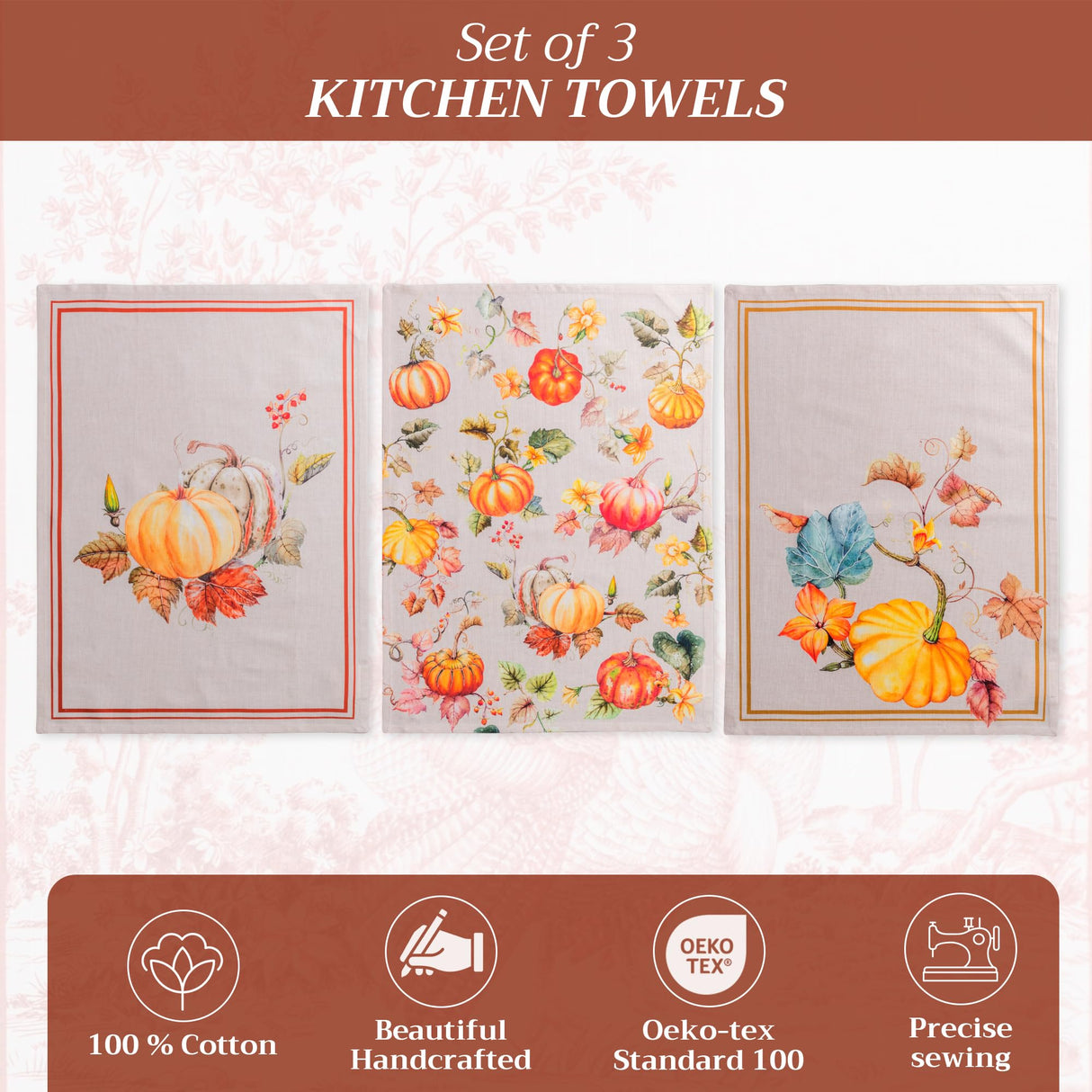 Maison d' Hermine Kitchen Towels Set of 3 100% Cotton 20" x 27.5" Reusable Cloth Tea Dish Towels Absorbent with Hanging Loop for Kitchen Dining Thanksgiving Christmas Decorations (Potiron)