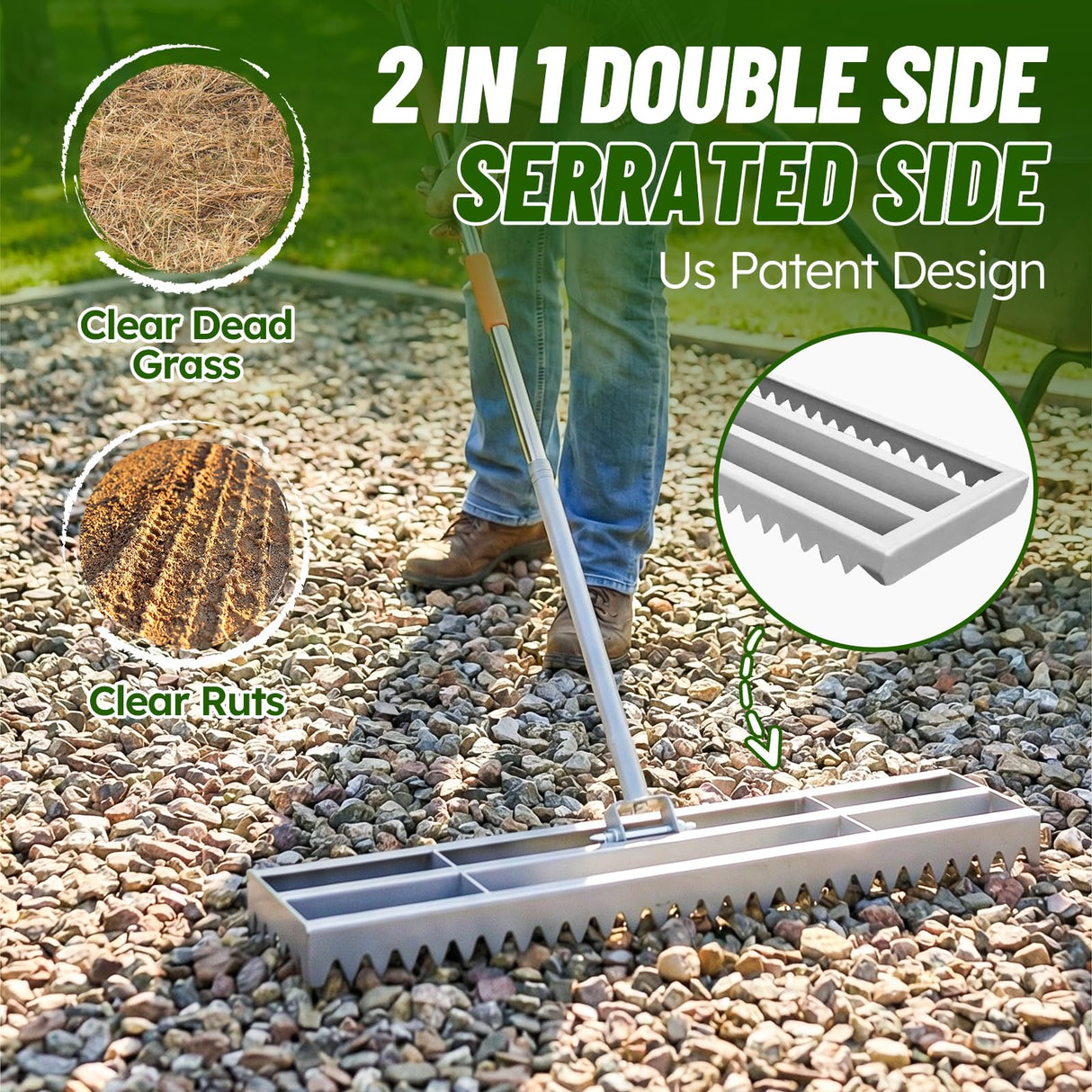 2-in-1 Lawn Leveling Rake, 20 Marking Flags for Low Spot,30"×10" Heavy Duty