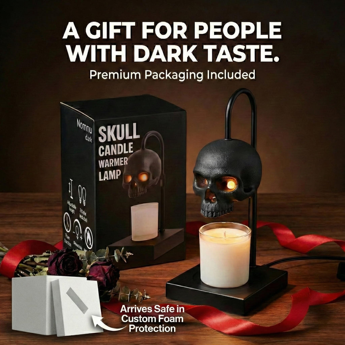 Nomnu Skull Candle Warmer Lamp, Black Spooky Gothic Decor w/Timer & Dimmer