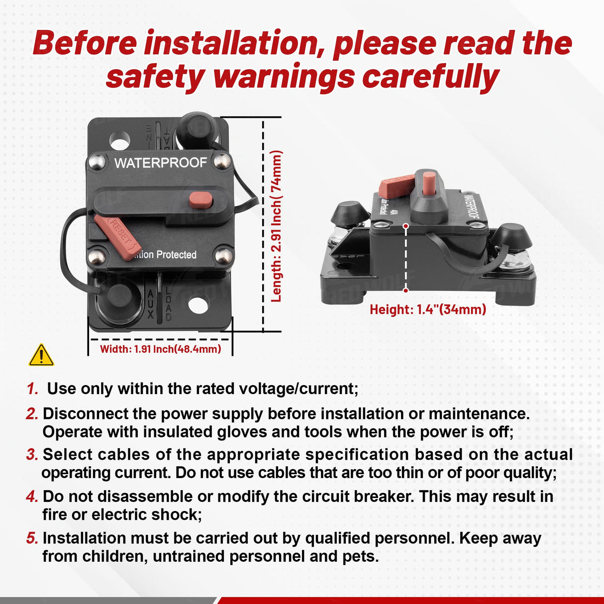 RED WOLF 50A Amp Circuit Breaker for Boat Trolling Motor Marine ATV Vehicles Stereo Audio Battery Solar System Inline Fuse with Manual Reset Switcher DC 12V-48V