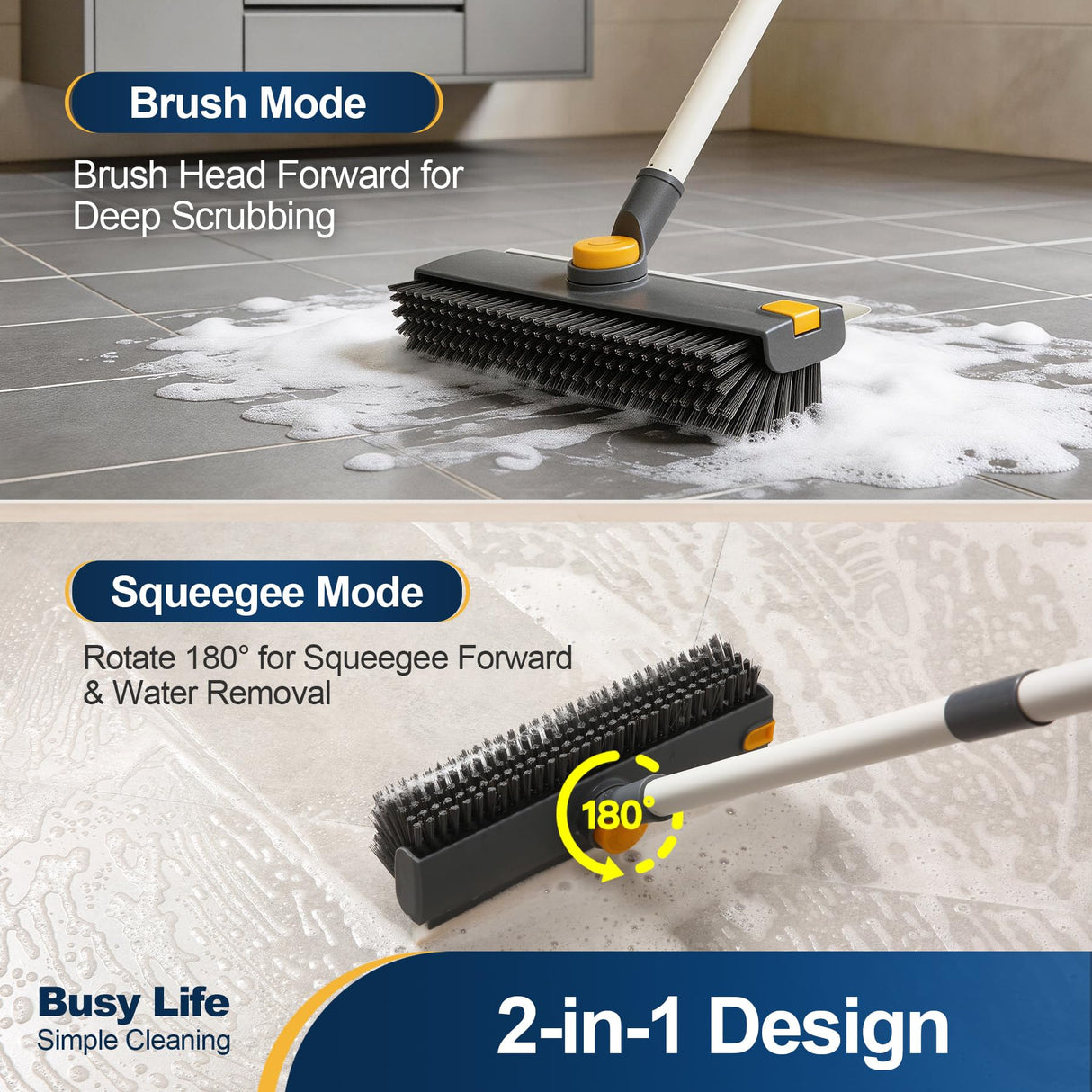 Yocada Floor Scrub Brush with Long Handle 3 in 1 Dual-Sided Stiff Bristle Scrubber Brush and Scrape Squeegee Indoor&Outdoor for Cleaning Bathroom Kitchen Patio Pool Garage Wall Deck 53.9"