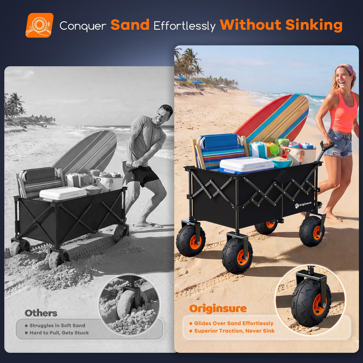 Originsure 220L Collapsible Beach Wagon with Balloon Wheels, 460lbs, Black