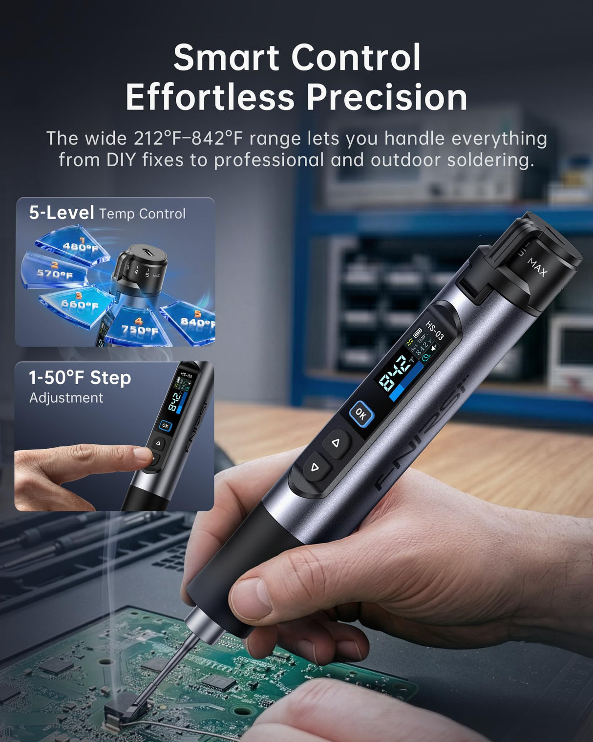 FNIRSI HS-03 Cordless Soldering Iron Kit, 2600mAh Battery Portable Soldering Iron, 212-842°F, 3s Fast Heating, 5-Level Temp, 0.96" IPS Display Soldering Iron for Electronics Repair, DIY, PCB