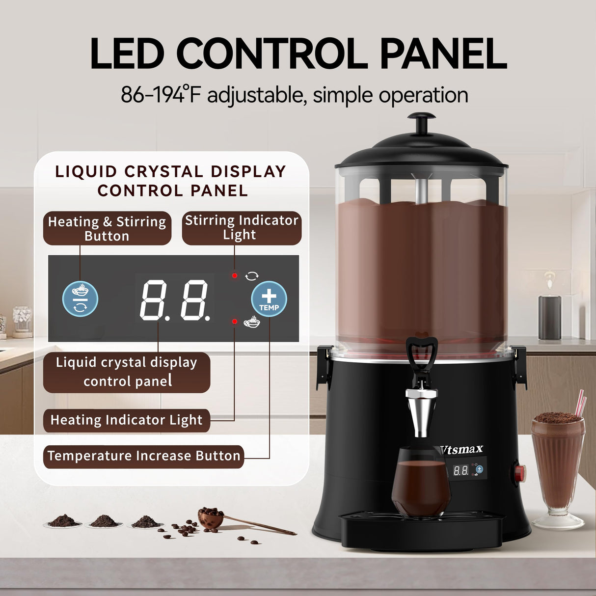 Vtsmax 10L/2.6Gal Commercial Hot Chocolate Machine Hot Drink Dispenser, 86-194°F Intelligent Temperature Control Hot Beverage Maker for Chocolate, Cocoa, Milk, Coffee, Juice, Black