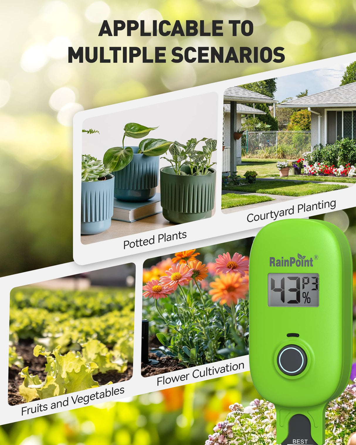 RAINPOINT Smart Soil Moisture Meter for Plants, Soil Hygrometer Sensor, Real-time Monitor Humidity Tester for Gardening, Farming, Indoor and Outdoor Plants Care, HWG023/HWG040 WiFi Hub Needed (Green)