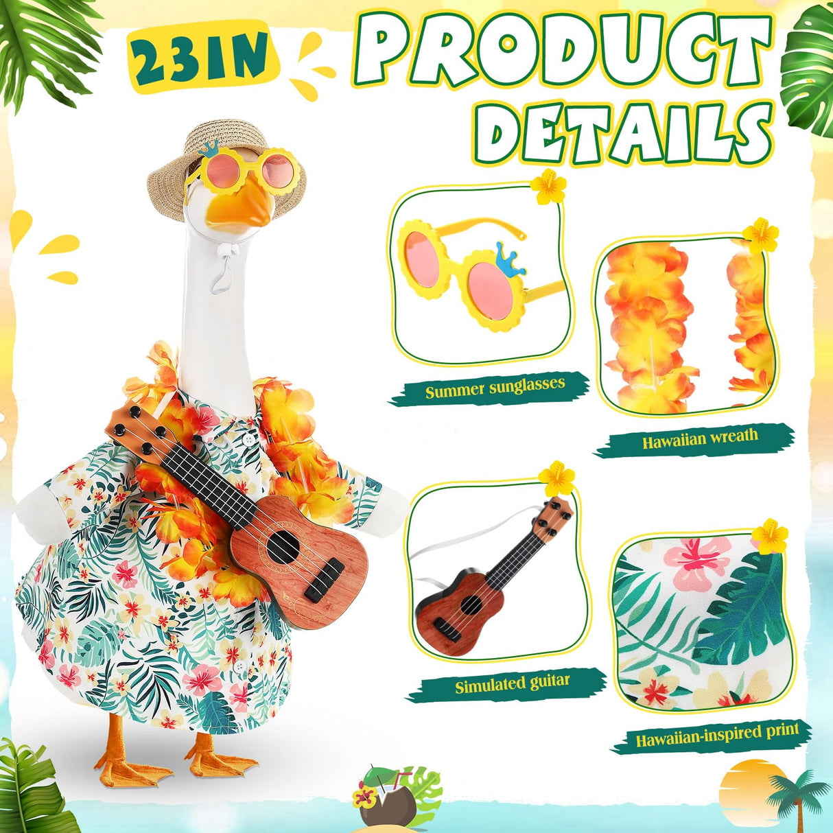 Sunnymove Bikini Porch Goose Outfits with Sunglasses and Swimming Tube for 23" Summer Goose Costume Garden Patio Statue Decor(Guitar)