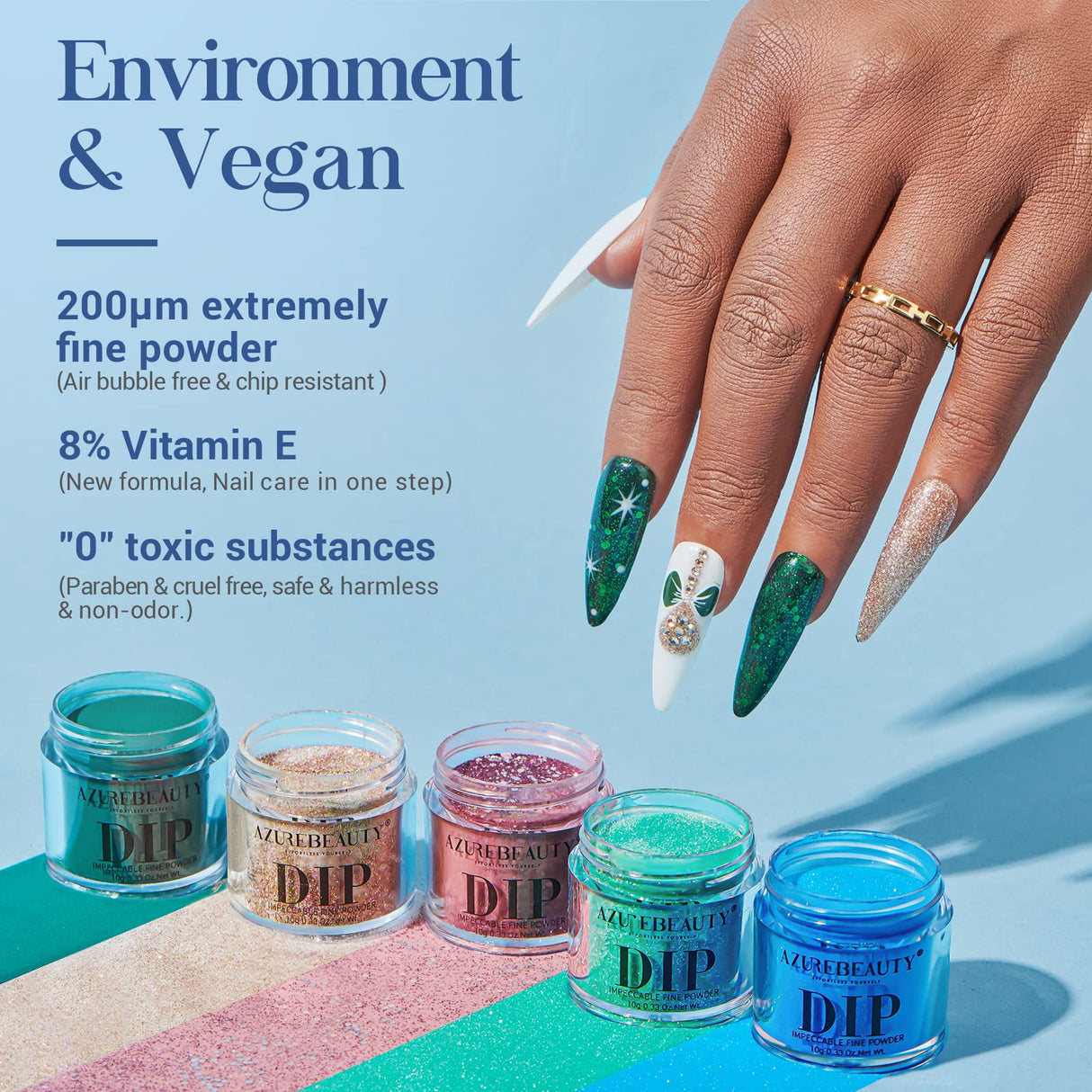 AZUREBEAUTY 31 Pcs Dip Powder Nail Kit Starter 20 Colors Glitter Nude Green Mermaid Serie Dip Powders Liquid Set with Base Top Coat Activator French Nails Art Manicure DIY Salon Christmas Gift