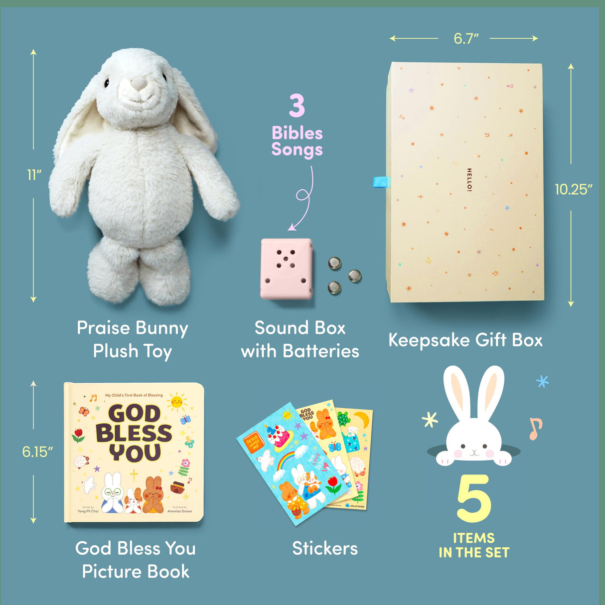 HELLO 2 KIDS Praise Bunny Christian Baby Gift Set – 11” Musical Plush with 3 Bible Songs, Blessing Book, Keepsake Box & Stickers – Perfect Christmas, Baptism, Christening Gift for Boys & Girls