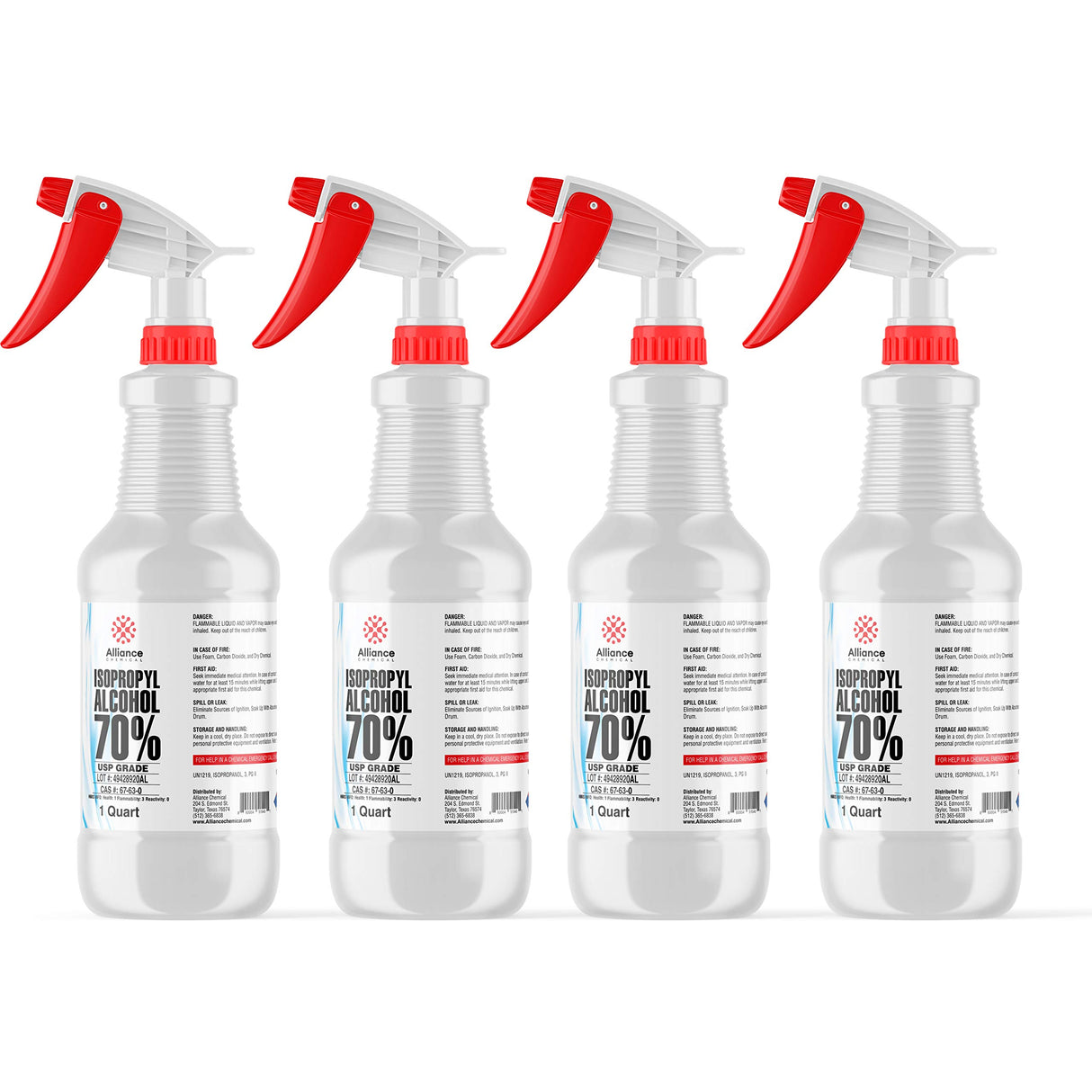 Isopropyl Alcohol (IPA) 70% - USP Grade - Quart Spray Bottle 4-Pack (128 FL Oz Total) - Rubbing Alcohol - Alliance Chemical - Made in America