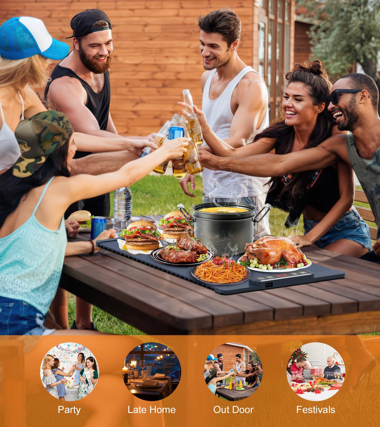 Warming Mat for Food, Food Warming Mat, 10-Second Rapid Heating Silicone Electric Tray, 5 Temperature Settings and 1-4 Hour Adjustable Timer, Foldable Portable Food Warmer, for Gatherings and Parties