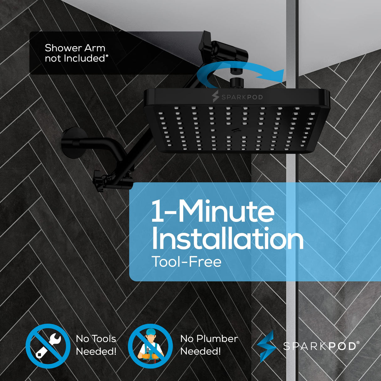 SparkPod Shower Head - High Pressure Rain - Premium Quality Luxury Design - Easy Clean Adjustable Replacement for Your Bathroom Shower Heads (Midnight Black Matte, 8 Inch Square)