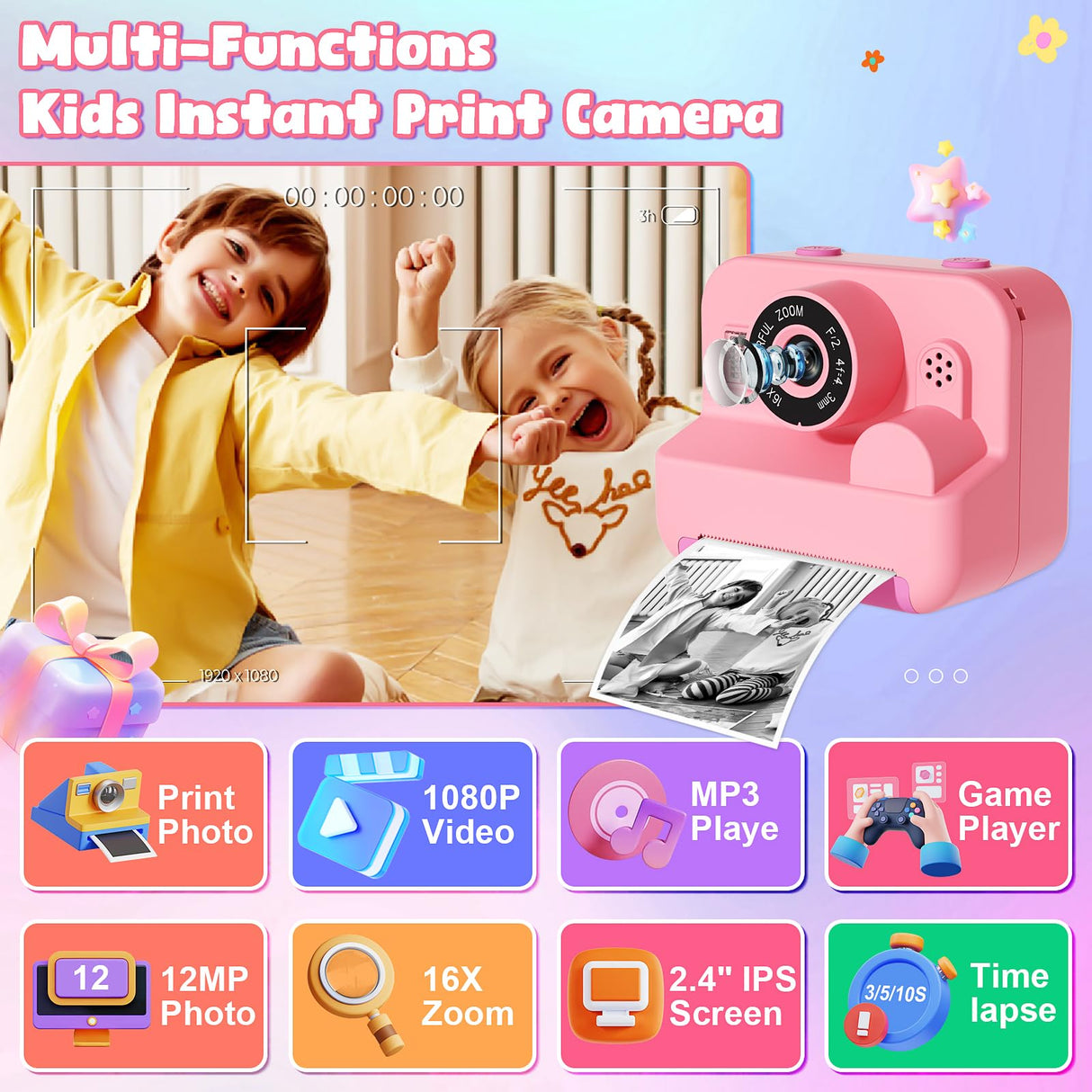 Kids Camera Instant Print - 1080P HD Video Digital Camera for Toddler with Printing Photo Paper, Portable Toy for 4 5 6 7 8 9 10 Years Old, Christmas Birthday Gifts for Boys Girls (Pink)