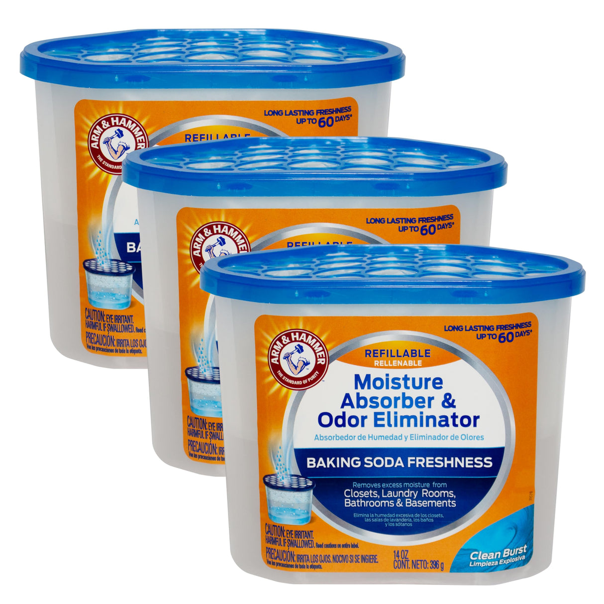Arm & Hammer Clean Burst Moisture Absorber and Odor Eliminator Tubs, 14 oz, 3 Pack, Attract and Trap Excess Moisture, Eliminate Musty Odors, Convenient and Effective, White