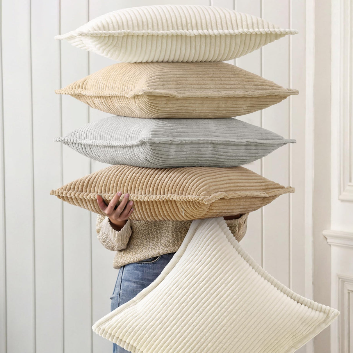 decorUhome Christmas Corduroy Cream White Throw Pillow Covers 22x22 Set of 2 Decorative Soft Boho Farmhouse Euro Couch Pillow Covers for Living Room Bed Sofa Broadside Striped Pillow Cases