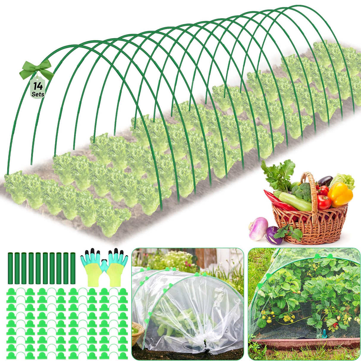 70 PCS Garden Hoops for Raised Beds 14 Sets Garden Tunnel Hoops Greenhouse Hoops Grow Tunnel, Rust-Free Fiberglass Garden Hoops Frame for Netting Shade Cloth Cover