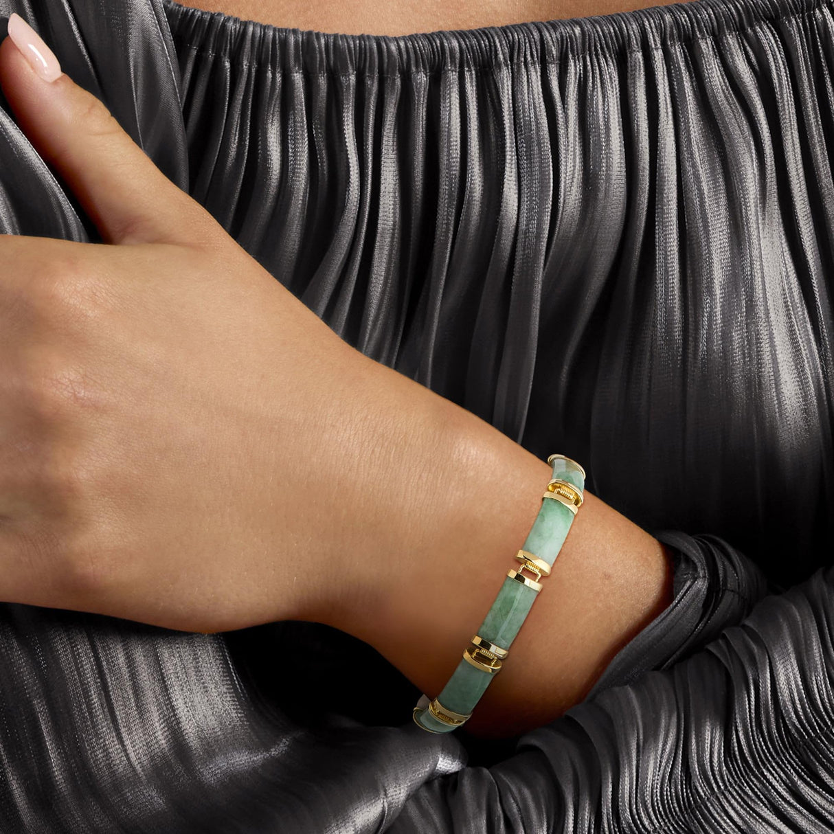 Ross-Simons Jade Good Fortune Bracelet in 18kt Gold Over Sterling. 7.5 inches