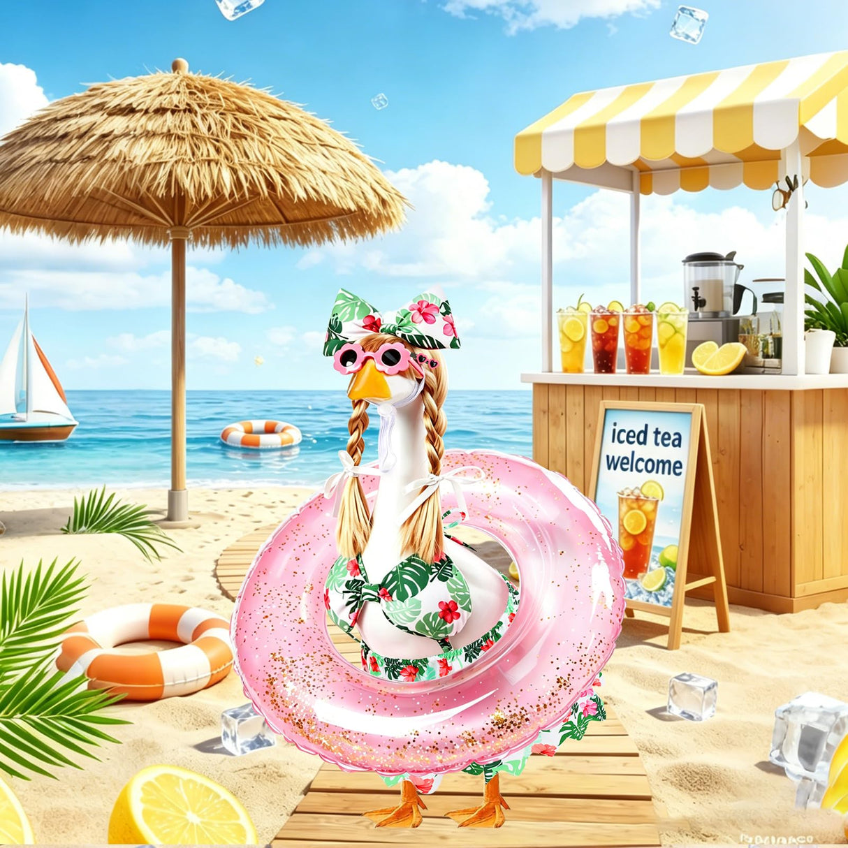 GJL Porch Goose Bikini Outfits with Inflatable Pool Ring, Sunglasses & Wig, Hawaiian Costume for 23 Inch Plastic Cement Goose Statue, Summer Porch Goose Outfit for Pool Party Yard Lawn Garden Decor
