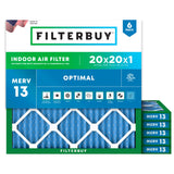 Filterbuy 20x20x1 Air Filter MERV 13 Optimal Smoke & Allergy Defense (6-Pack), Electrostatic Pleated HVAC AC Furnace Filters Replacement, Made in USA (Actual Size: 19.50 x 19.50 x 0.75)
