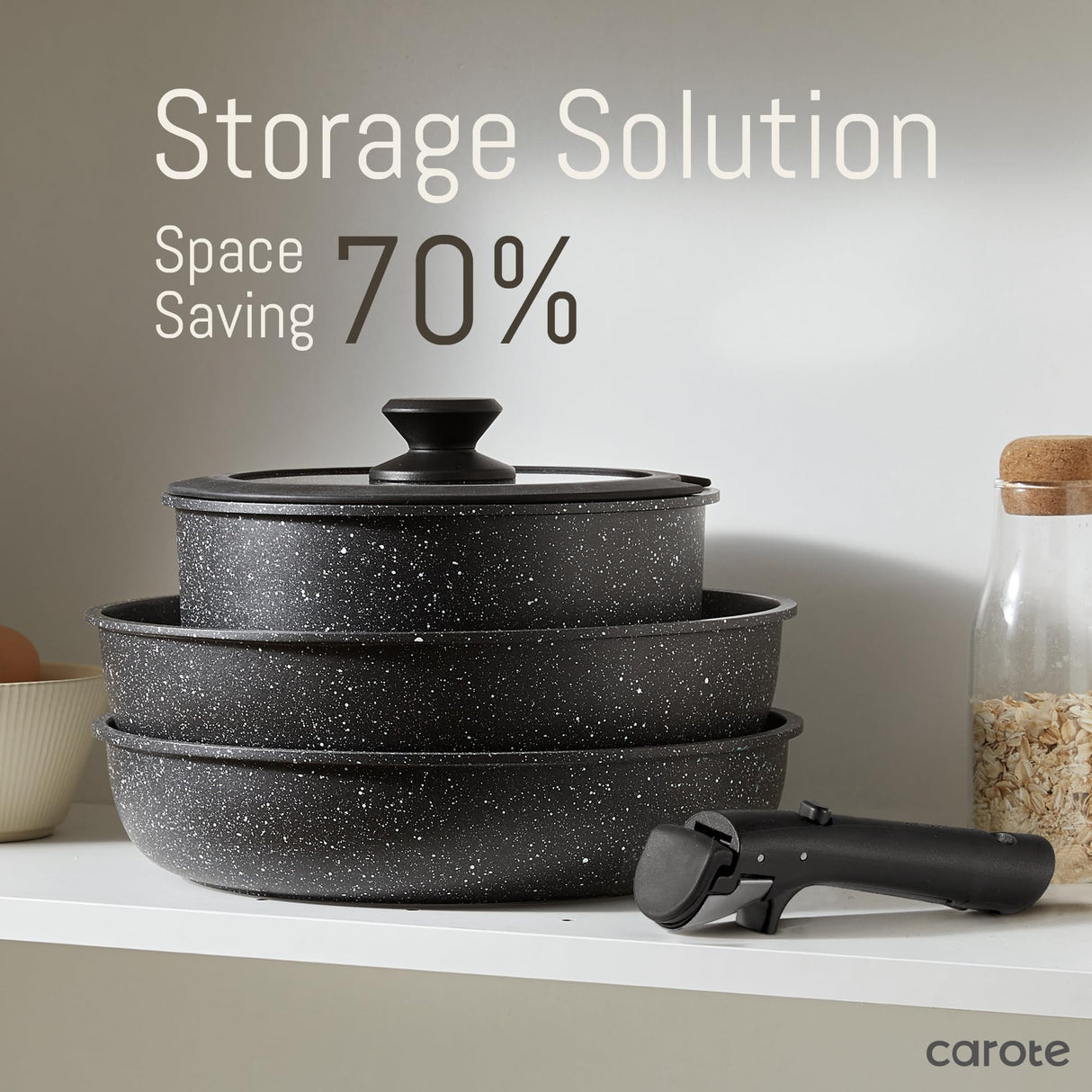 CAROTE 15pcs Pots and Pans Set Non Stick, Cookware Sets, Kitchen Set, Oven/Dishwasher/Fridge Safe, Space Saving Pots Set, Nonstick Set with Versatile Detachable Handle, Induction RV Set