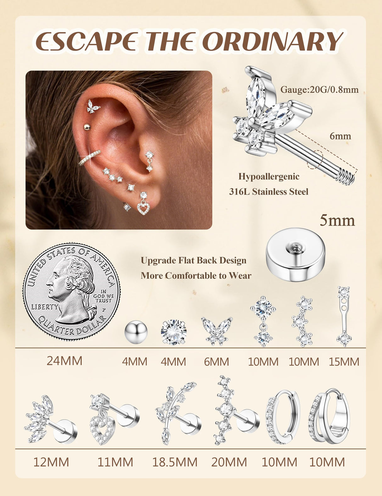 BESTEEL Hypoallergenic Flat Back Earrings for Women Sliver Stud Hoops Set