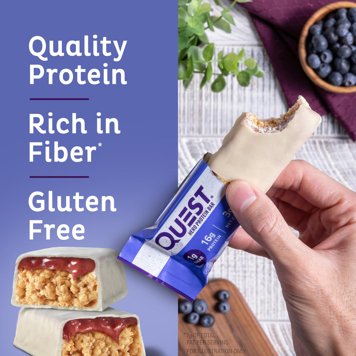 Quest Nutrition Crispy Blueberry Cobbler Hero Protein Bar, 16g Protein, 1g Sugar, 3g Net Carb, Gluten Free Protein Snack, Keto Friendly, 12 Count