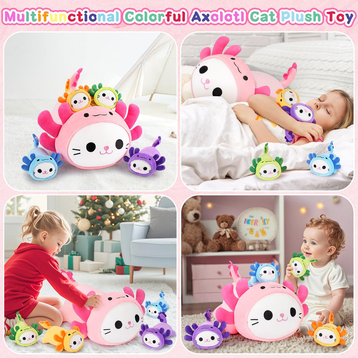 5 PCS Axolotl Cat Plush Stuffed Animal Family-19" Soft Axolotl Cat Plush, Large Mommy Plushies with 4 Baby Kittens Plushies for Kids, Kawaii Plushie Toy Christmas Birthday Gifts for Kids Boys Girls