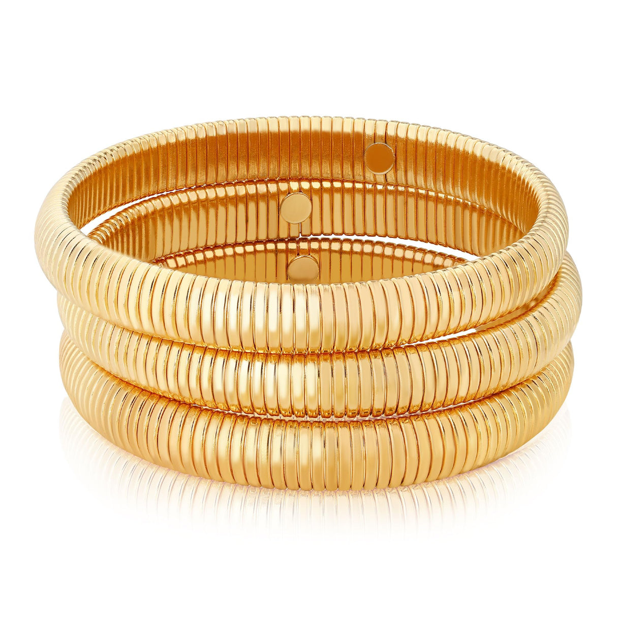 BONJOULRY 14K Gold Stretch Omega Snake Chain Bangle Bracelets Set of 3, 10MM Chunky Wide Flexible Wristband, Waterproof Non Tarnish Stackable Cuff Bracelets for Women