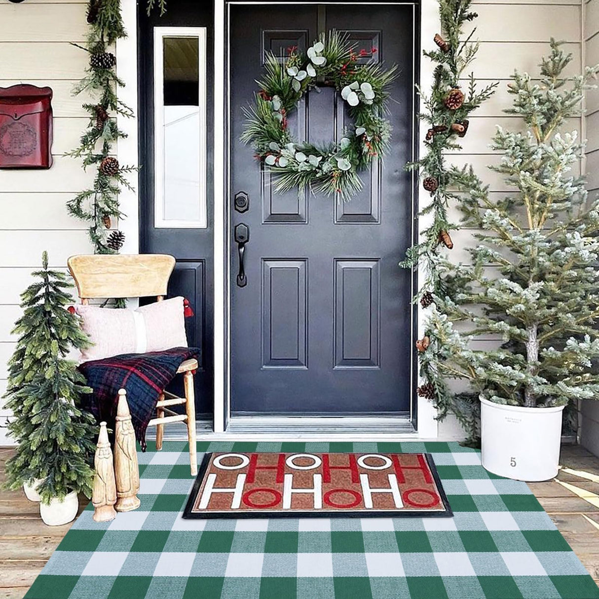 Christmas Outdoor Mat Buffalo Plaid Christmas Decor Rug Cotton Hand-Woven Layered Door Mats Washable Carpet for Front Porch, Kitchen, Farmhouse, Entryway