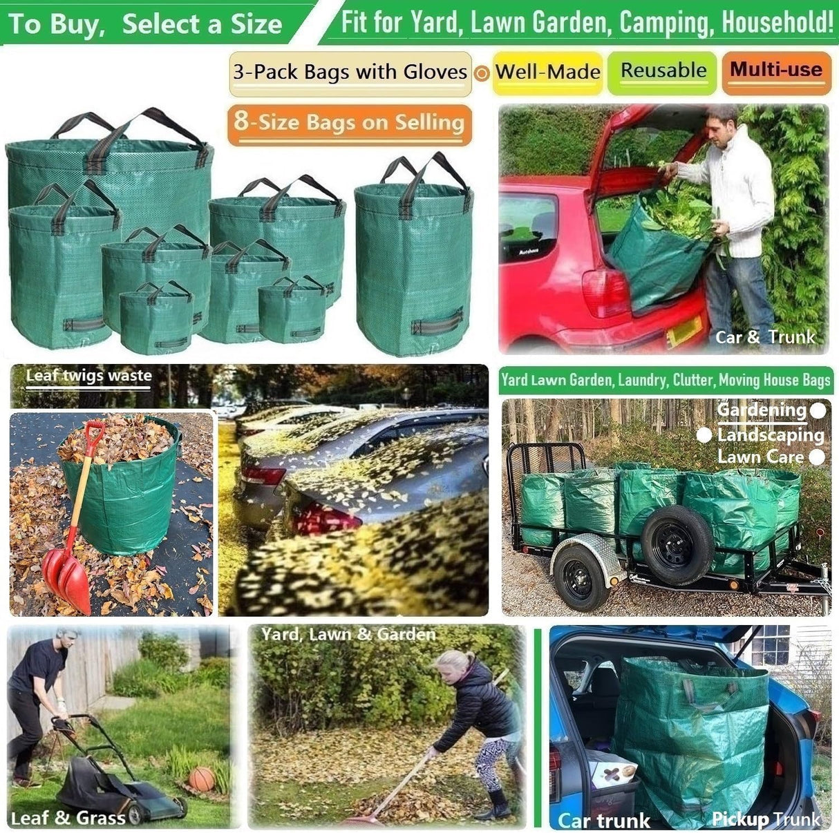 Professional 3-Pack 80 Gallon Lawn Garden Bags (D26, H33 inch) Reusable Yard Waste Bags with Gardening Gloves for Leaf Bag,Garden Pruning,Yard Debris Container,Lawn Grass Clippings,Weeds Bag 4 Handles