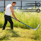 12.6'' Scythe Tool for Grass Cutting, 4 Stainless Steel Poles, Adjustable Dual-Hand Grip, Professional-Grade Blade, for Clearing Bushes, Vines, Fields, Ditches, Paths, Landscaping, Blue, 67in.