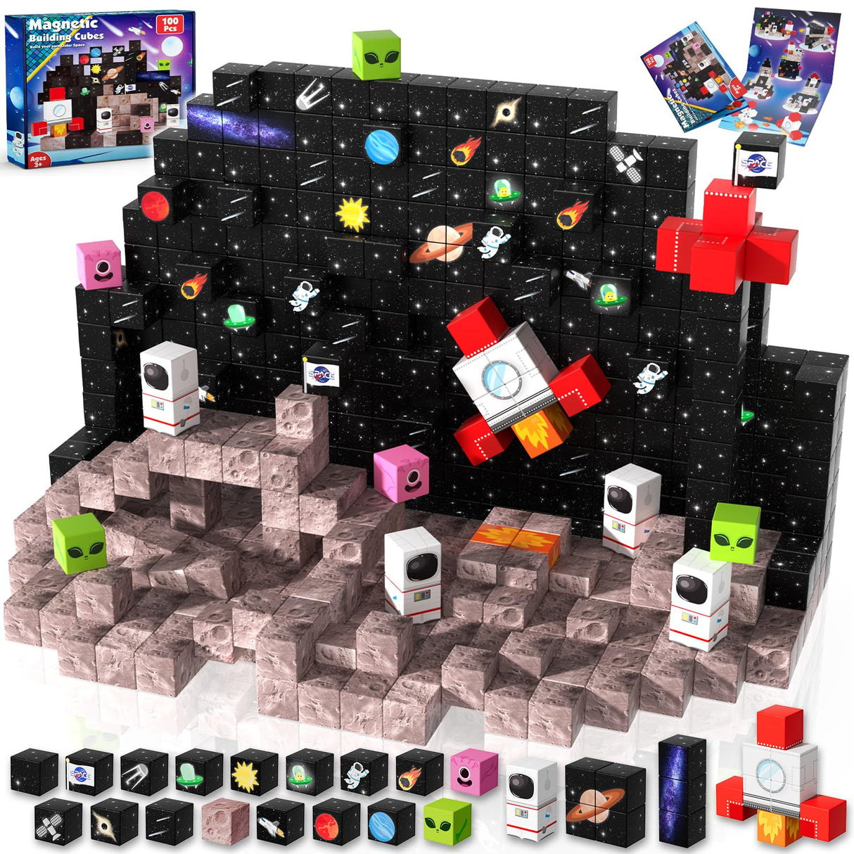 Goody King 100PCS Space Rocket Magnetic Building Blocks |Space Adventure Magnetic Tile Set, STEM Montessori Stacking Toy, Building Playsets for Boys and Girls Ages 3-10,Sensory Tile Christmas