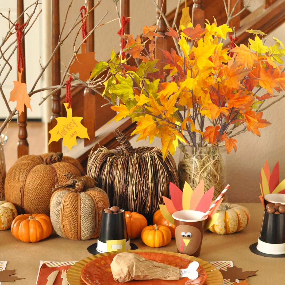 Grunyia 6Pcs Artificial Maple Leaves Branches Fake Fall Maple Shrubs for Thanksgiving Christmas Festival Garland Decoration