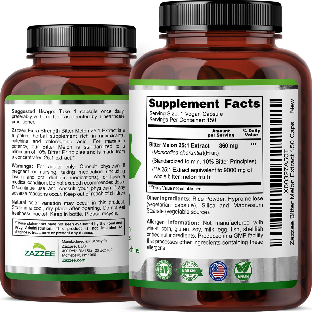 Zazzee Extra Strength Bitter Melon 25:1 Extract, 9000 mg Strength, 10% Bitter Principles, 150 Vegan Capsules, Standardized and Concentrated 25X Extract, 100% Vegetarian, All-Natural and Non-GMO