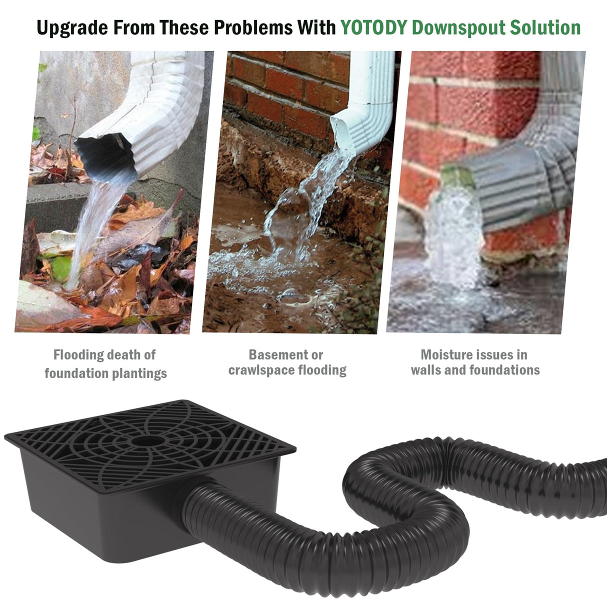 YOTODY Gutter Downspout Extensions,Catch Basin Low Profile Downspout Extender | No Deep Dig Catch Basin, Flexible Pipe Extension to 5.1ft, Protect House Foundation