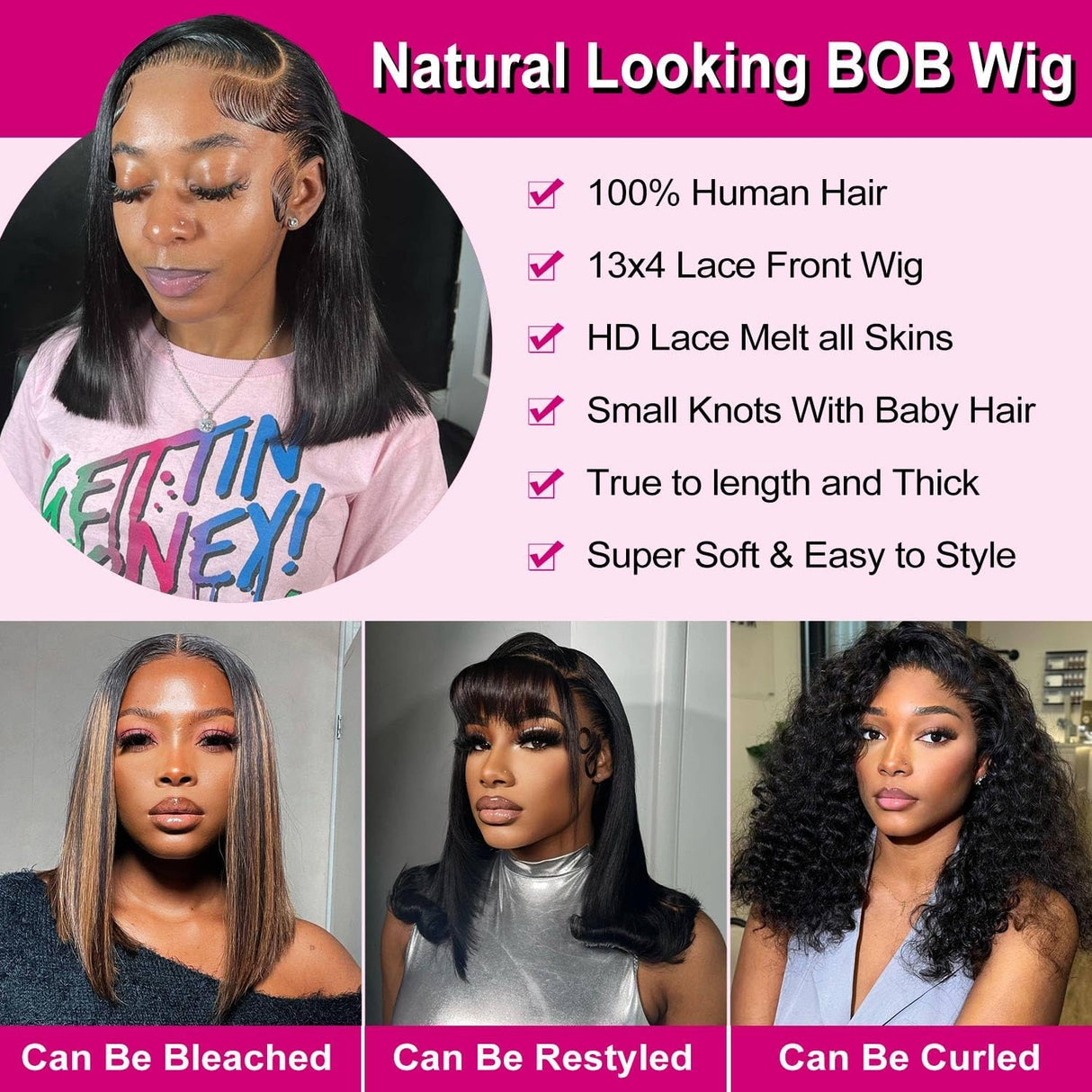 HUIWANYAN Lace Front Wigs Human Hair 13x4 HD Lace Front Wig Glueless Wigs Human Hair Pre Plucked Short Straight Bob Lace Front Wigs Human Hair For Black Women Nature Hairline 180% Density 12 Inch