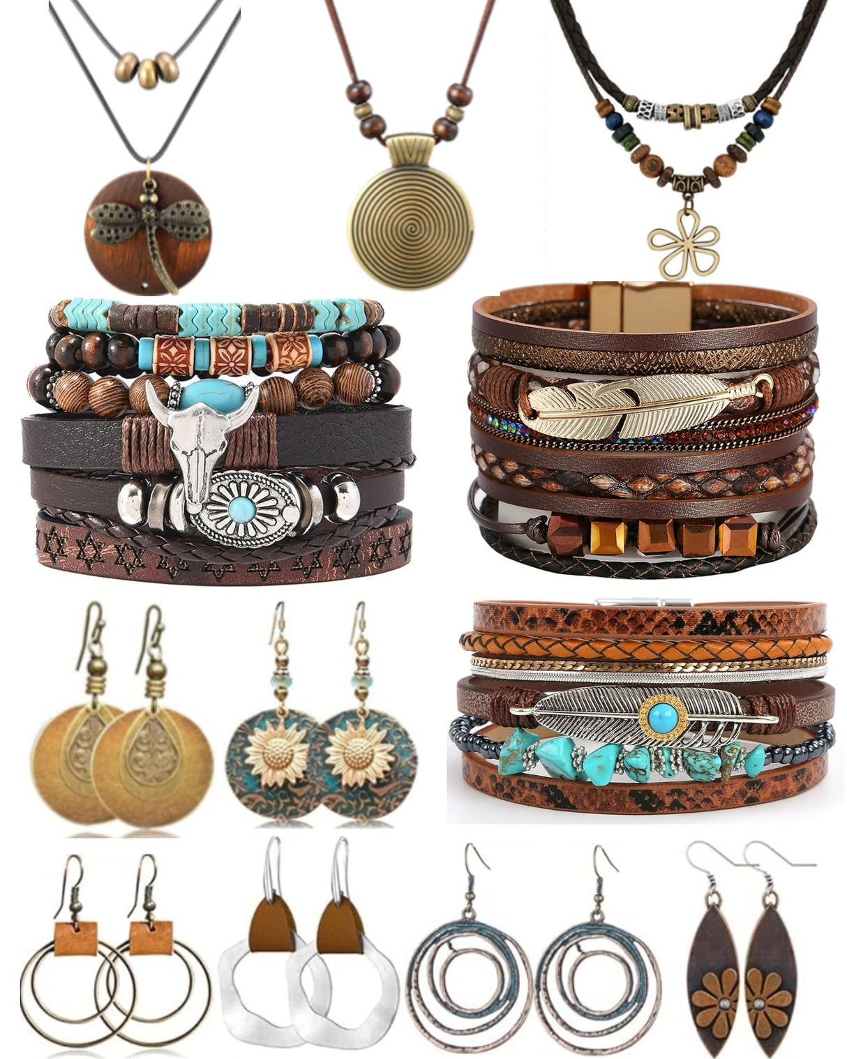 12 Pcs Boho Jewelry Set for Women Western Jewelry Long Pendant,Vintage