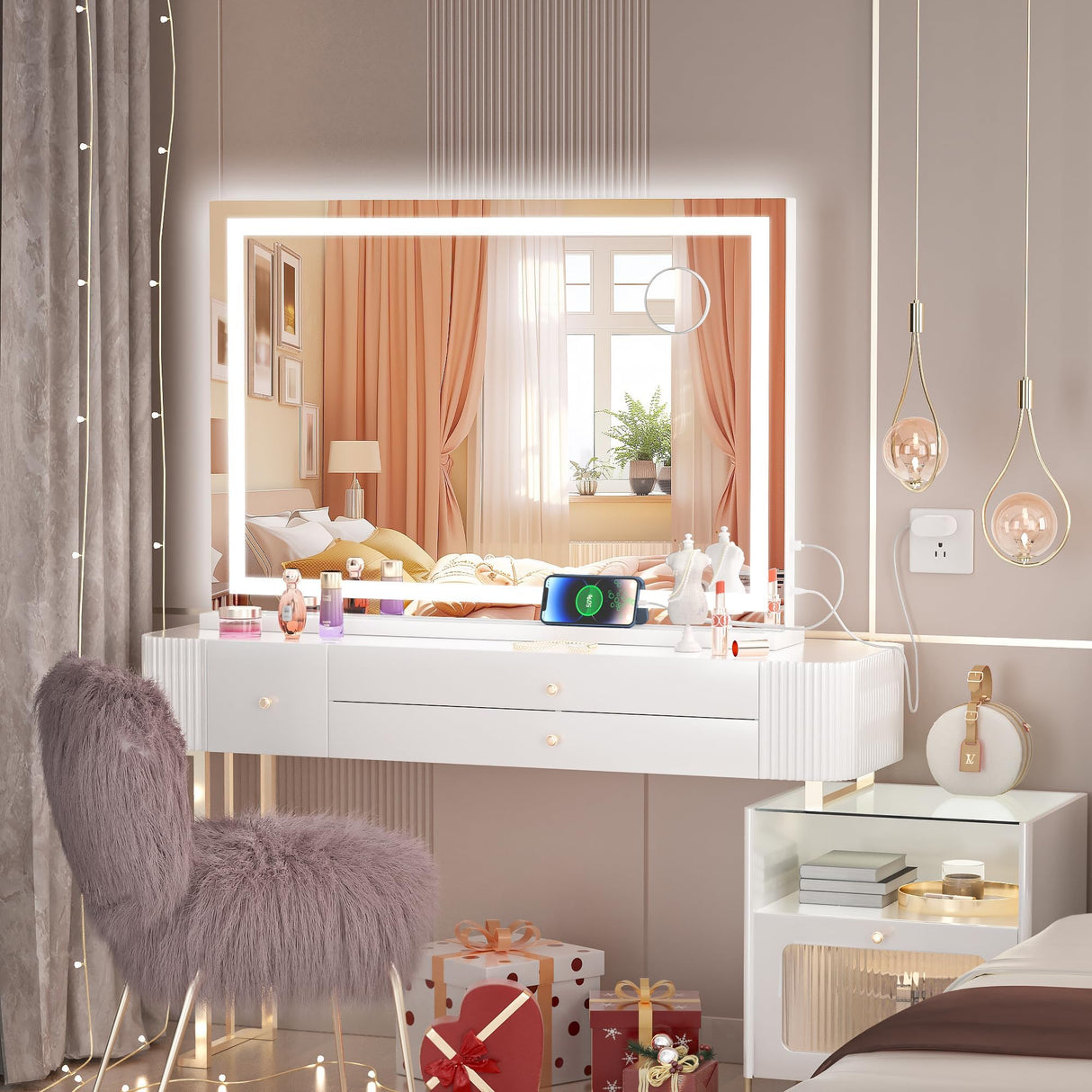 Hasipu Vanity Mirror with Lights, 32" x 20" LED Makeup Mirror, Lighted Makeup Mirror with Dimmable 3 Modes, Touch Screen Control Vanity Mirror Square White