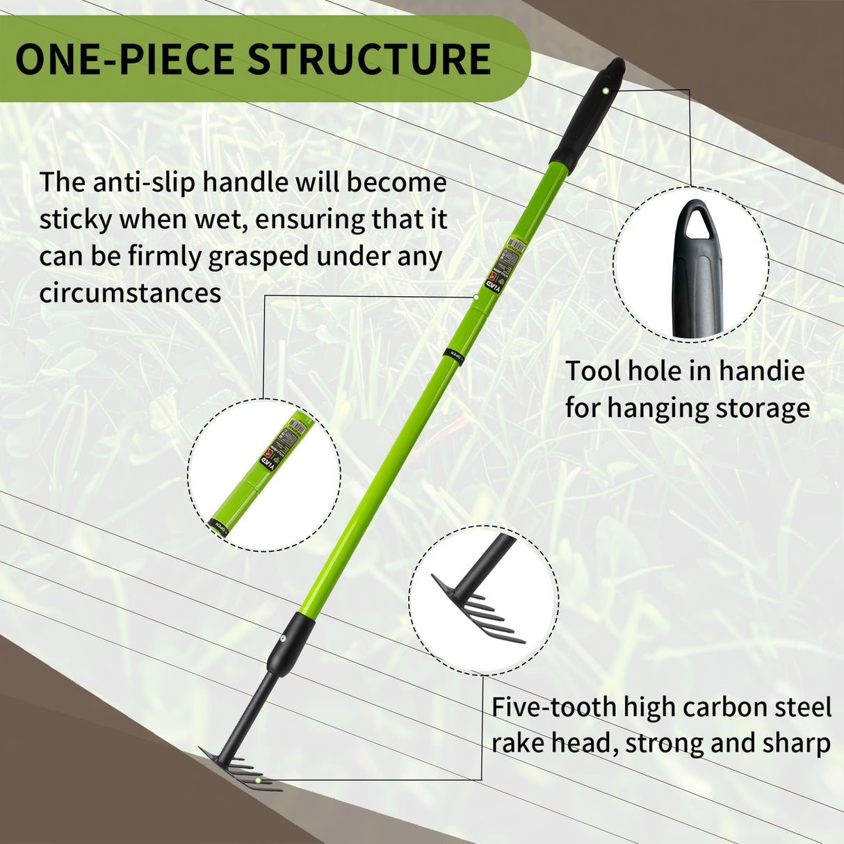 Telescopic Garden Rake, 27-40" Adjustable Hand Rake with 5 Metal Tines
